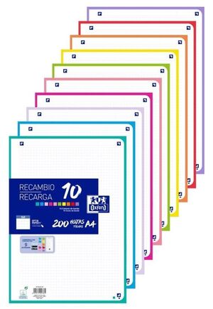 RECAMBIO MULTICOLOR 10 XL A4 200H 90G. 4 TALADROS CUADRÍCULA 5X5 CON 10 COLORES DE GRECA