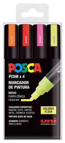 ESTUCHE 4 ROTULADORES POSCA PC5M UNI-BALL COLORES FLUOR