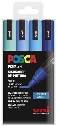 MARCADOR T.OPACA NO PERM. UNI POSCA 1,8 (PC-5M) SURTIDO COLORES AZULES BLISTER DE 4 1X 264234000 AZUL 1X 264226000 AZUL CLARO 1X 264358000 AZUL CIELO 1X 264507000 VERDE MARINO